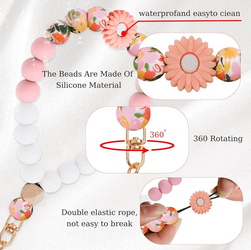 Lostars Store Silicone Beaded Phone Wrist Strap,phone bracelet strap with Tether Tab,Elastic Hands-Free wristlet strap (Pink Daisy) - Image 3